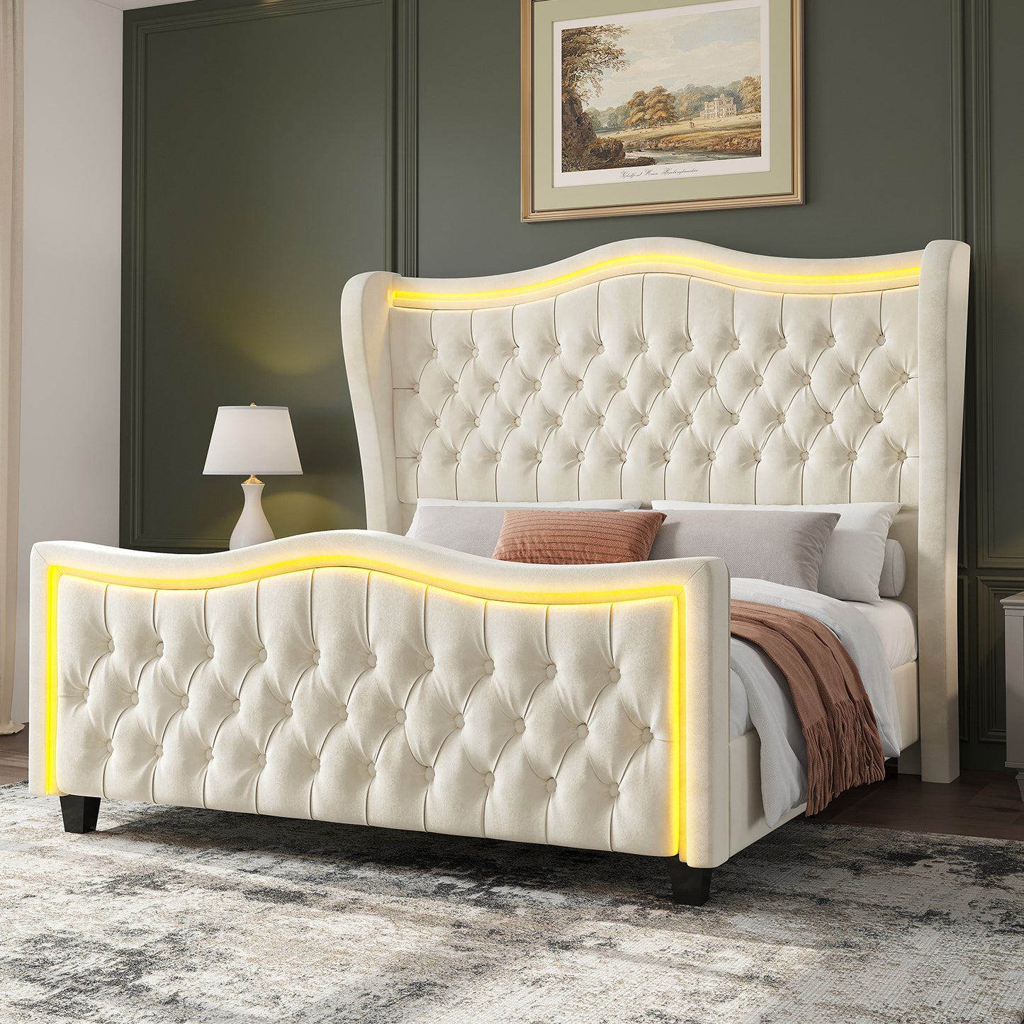 Exquisite Albott Platform Bed Frame with Integrated LED Lighting, 53-Inch Upholstered Wingback Design Accentuated by a Finely Crafted Deep Button-Tufted Headboard and Footboard - Comparable to Amazon's Finest