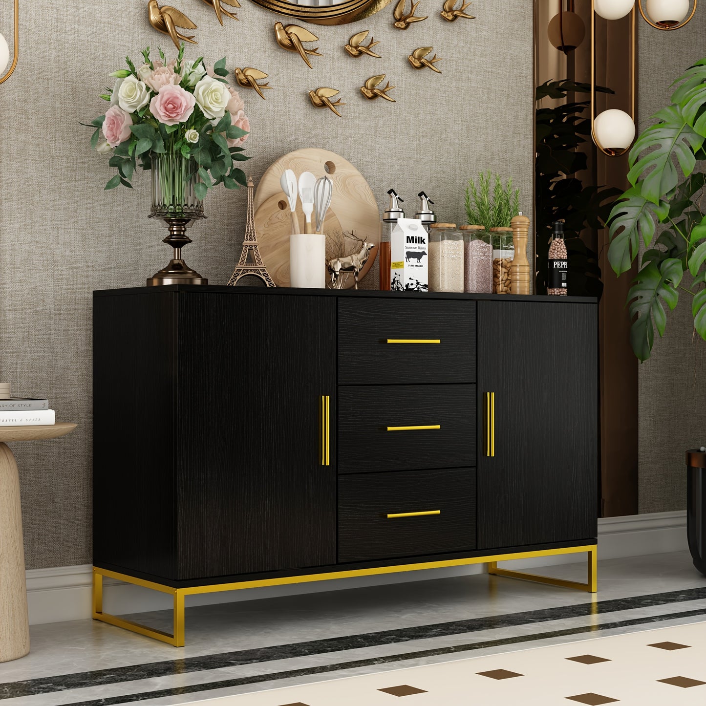 ECACAD 47" Modern Black Buffet Sideboard with Golden Accents, 2 Doors & 3 Drawers - Spacious Storage and Display Cabinet for Kitchen, Living Room, Home Office, Kitchen Decor