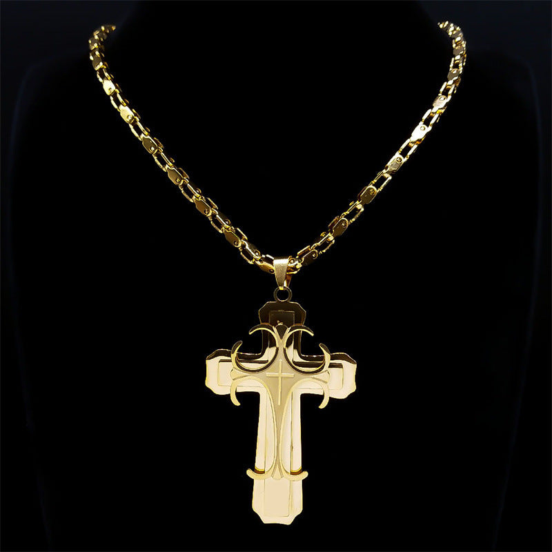 A Hip-hop Punk Double-layer Stainless Steel Cross Pendant Necklace For Men, Punk Jewelry Christmas Gift