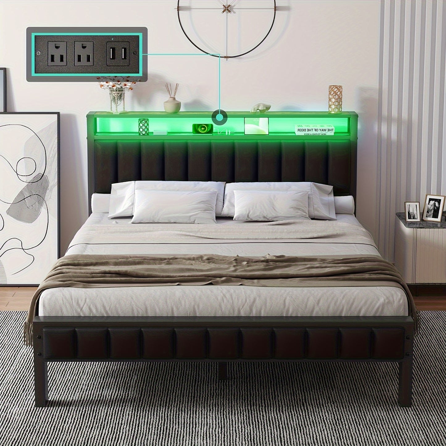 Bed Frame, LED Platform Bed with Faux Leather Headboard, Charging Station, 2-Tier Storage Space/No Box Spring Needed/Noise-Free