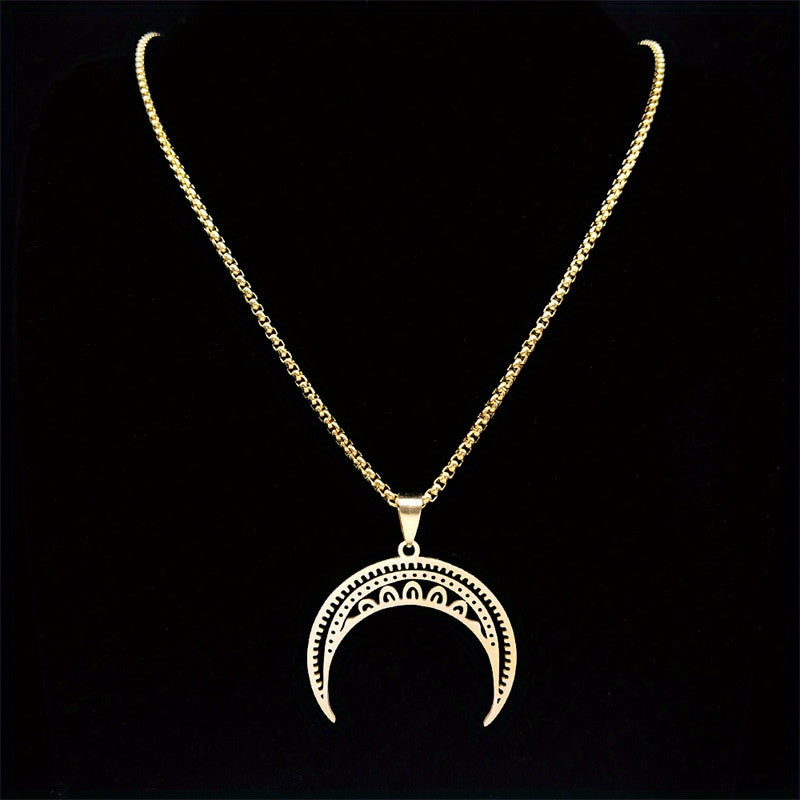 Elegant Golden-Toned Stainless Steel Crescent Moon Pendant Necklace with Intricate Patterns - Gothic/Vintage Style, Perfect for Casual Attire