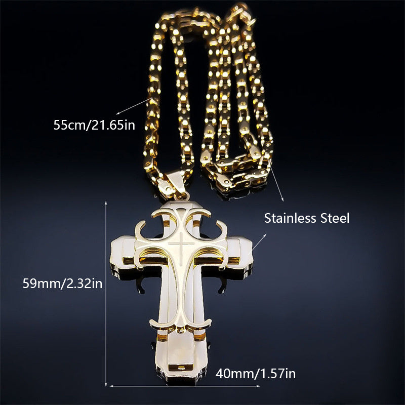 A Hip-hop Punk Double-layer Stainless Steel Cross Pendant Necklace For Men, Punk Jewelry Christmas Gift