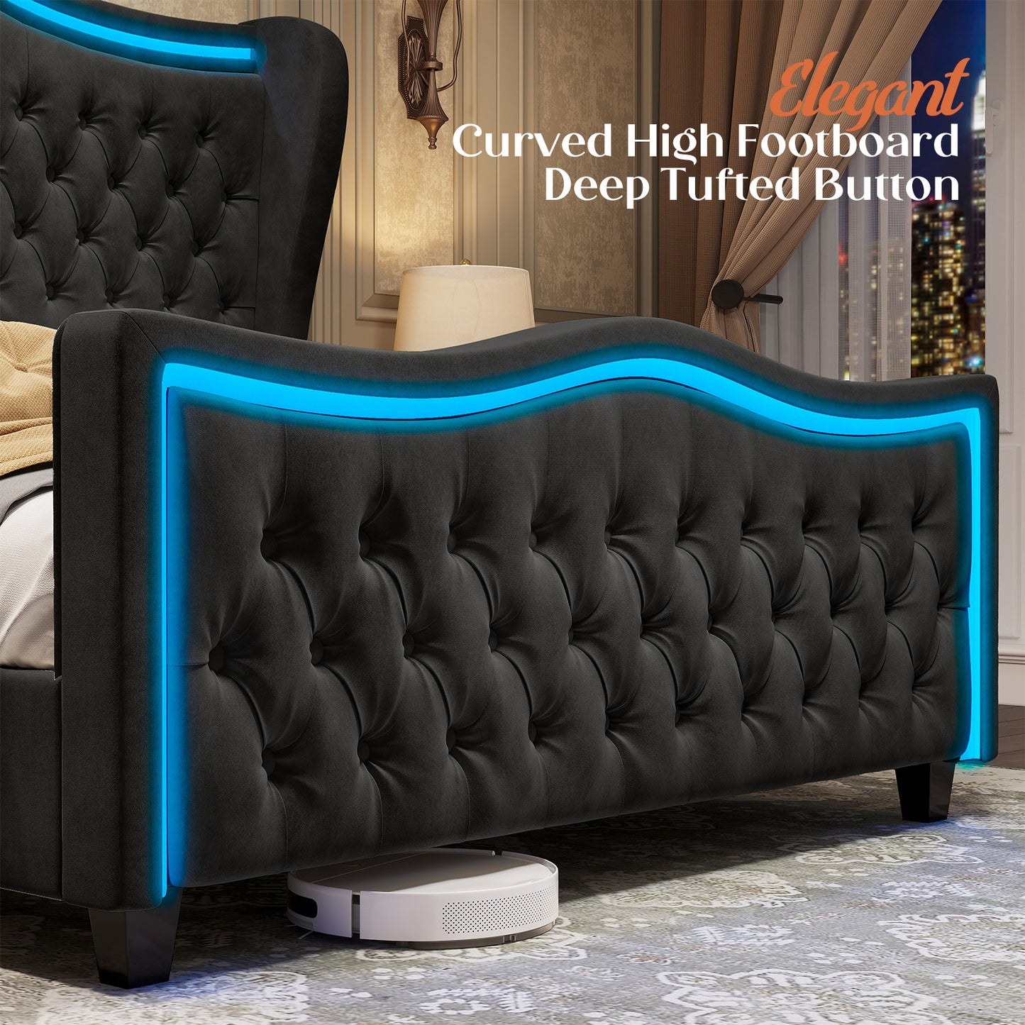 Exquisite Albott Platform Bed Frame with Integrated LED Lighting, 53-Inch Upholstered Wingback Design Accentuated by a Finely Crafted Deep Button-Tufted Headboard and Footboard - Comparable to Amazon's Finest