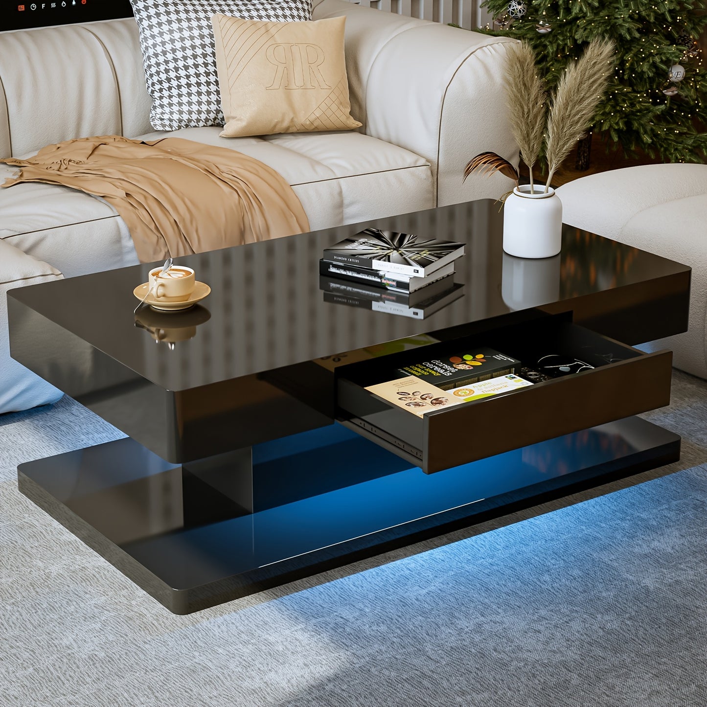 Elegant Modern LED Coffee Table for Living Room - 2-Tier Black & White Design with 16-Color LED Lights, Spacious Storage, Easy Assembly - Hardwood Material, High Gloss, Rectangular Design, Coffee Table, Living Room, 16-color