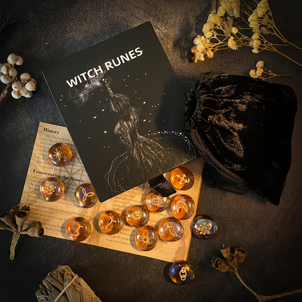 Witch Runes Set, Glass Divination Stones, 13-Piece Engraved Symbols with Guidebook and Storage Pouch, Party Supplies for Mystical Gatherings, Witchcraft Gift Kit for Adults Age 14+