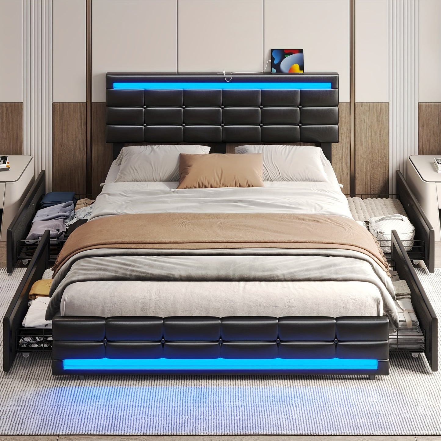 Queen Bed Frame With LED Lights Leather Platform Bed With Storage Drawers And Charging Station, LED Bed Frame Queen Size With Adjustable Headboard, No Box Spring Needed, Black