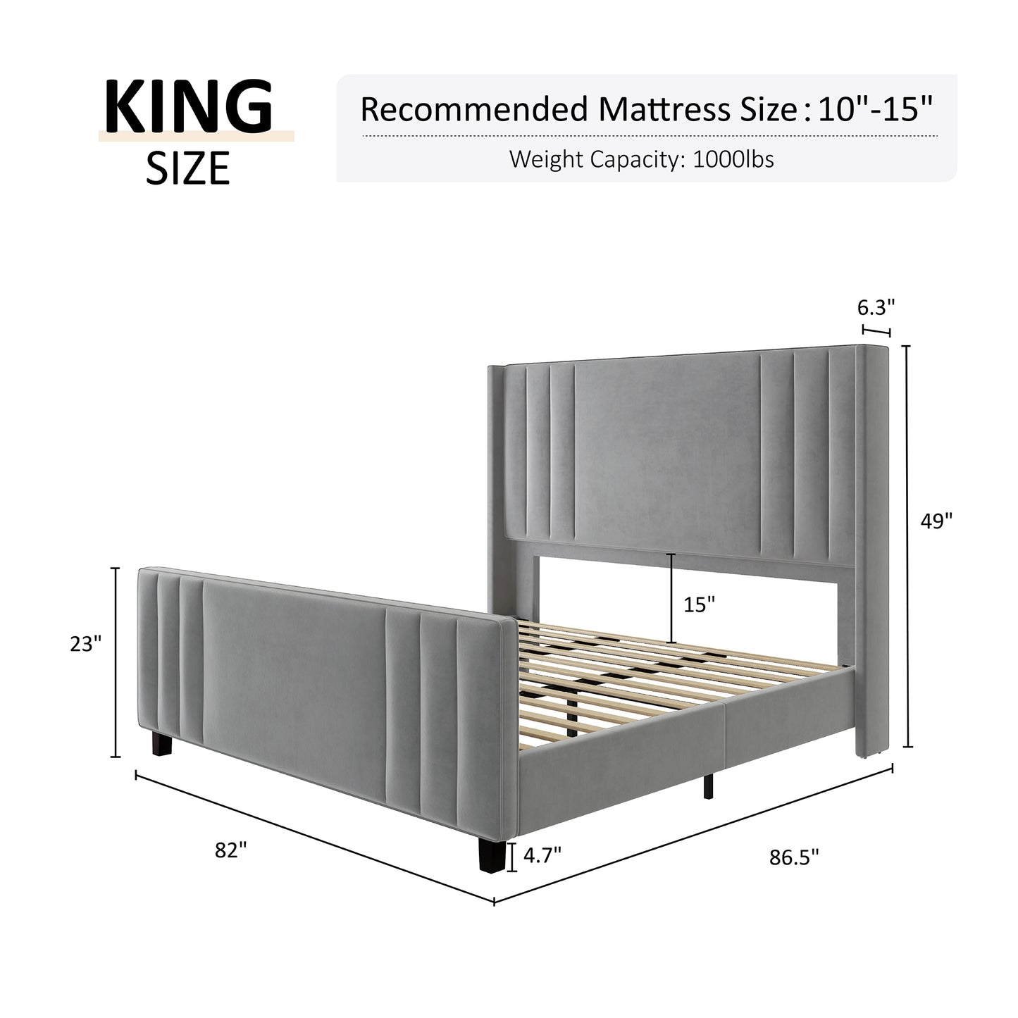 Velvet Upholstered Platform Bedstead with Vertical Channel Tufted Headboard, Footboard and Wingback, Wood Slats Mattress Groundwork, No Box Spring Necessary