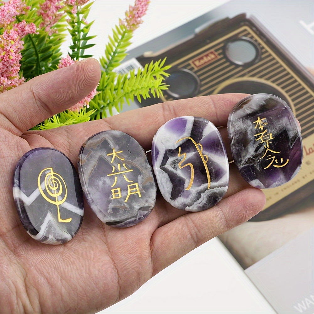 4pcs Natural Crystal Stones Engraved Chakra Symbols Polished Palm Stones for Reiki Crystal (Amethyst, Rose quartz, Green aventurine, Fluorite, Lapis, Black obsidian) -Beading&Jewelry Making