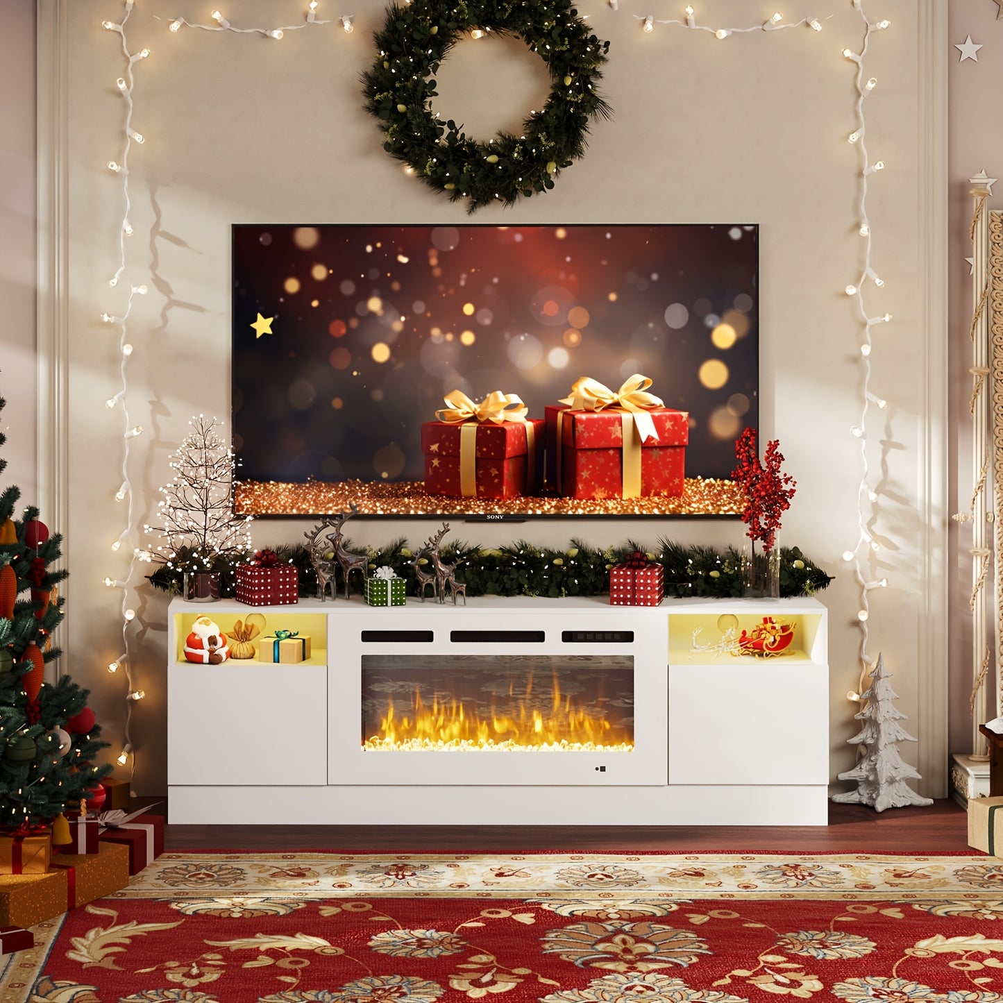 Modern 70" TV Stand with 36" Electric Fireplace, LED Lighting & Storage - Fits Up to 80" TVs, White