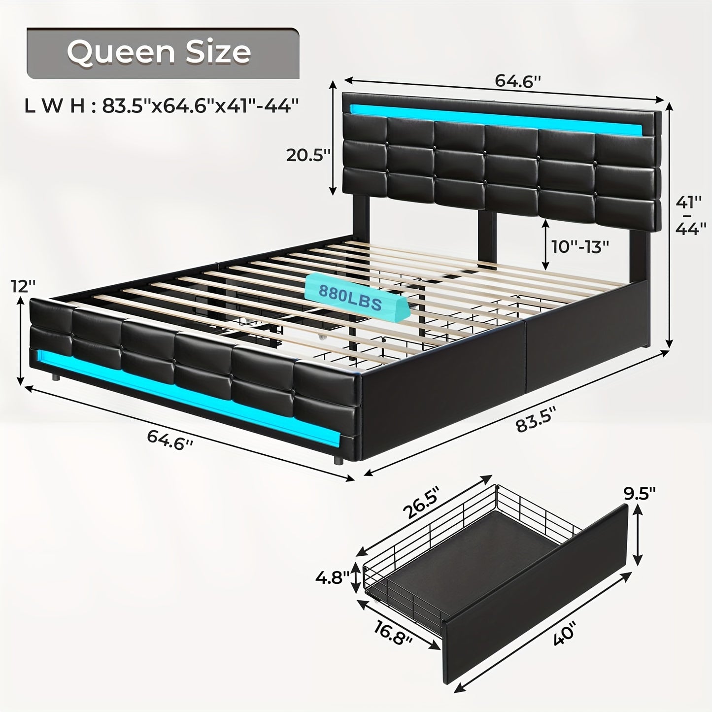 Queen Bed Frame With LED Lights Leather Platform Bed With Storage Drawers And Charging Station, LED Bed Frame Queen Size With Adjustable Headboard, No Box Spring Needed, Black