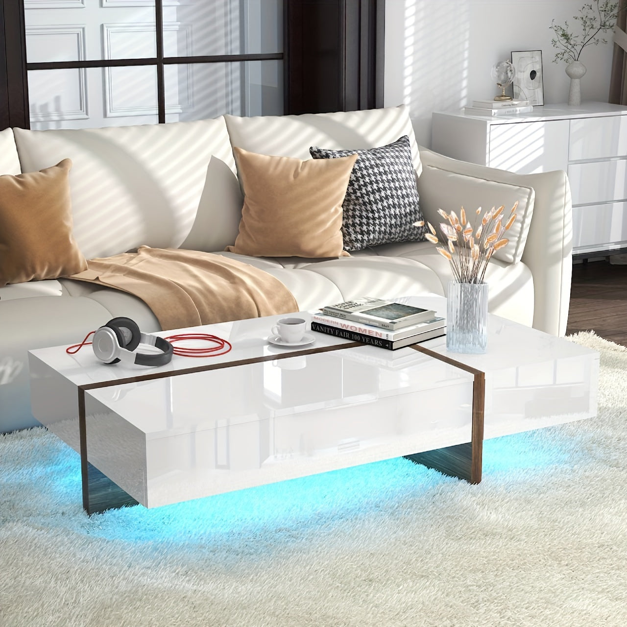 47" Rectangular Coffee Table With LED Light And Storage Drawers, Modern High Gloss Coffee Tables For Living Room