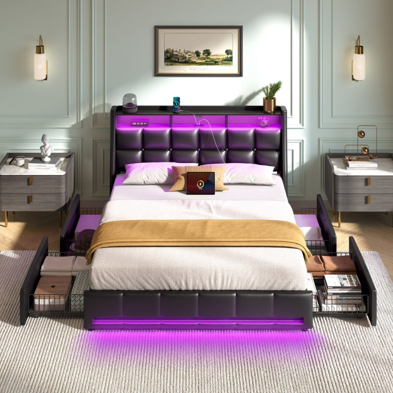 Bed Frame, Storage Headboard with Charging Station & LED Lights Bed Storage Headboard & Drawers, Heavy Duty Wood Slats, Easy Assembly