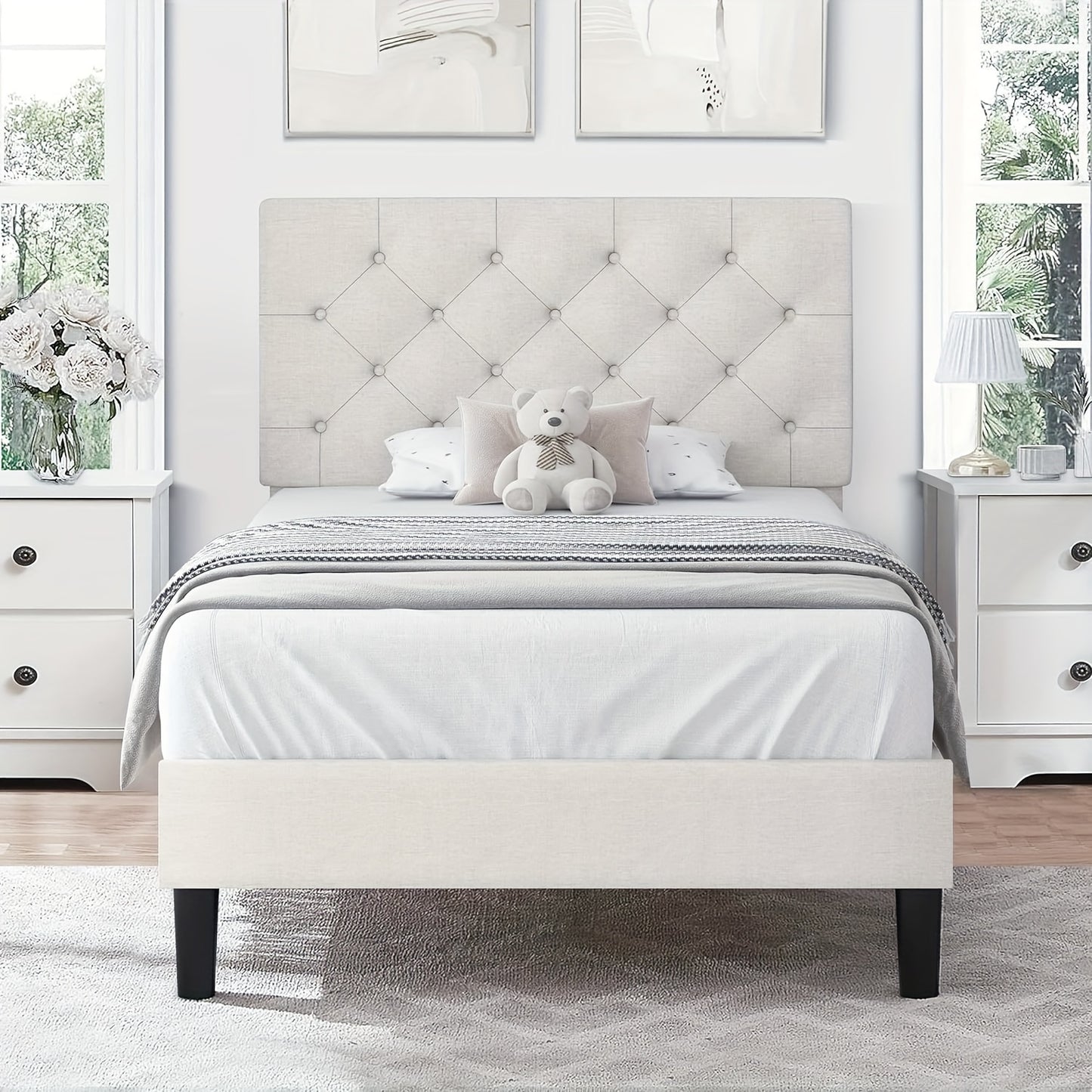 Elegant Grey Linen Upholstered Bed Frame with Tufted Headboard - Solid Wood Platform Bed with Sturdy Slats Support, Easy Assembly, No Box Spring Needed, Perfect for Modern Decor, Bed Accessories, HOMBCK