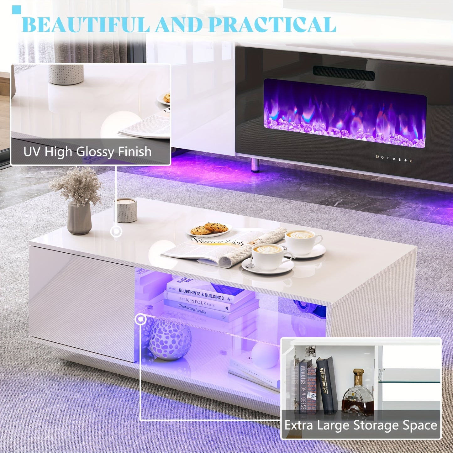 2 Piece Living Room Table Sets, Modern High Gloss TV Stand LED Lights, Electric Fireplace, 40" Coffee Tables for Living Room, TV Stand and Coffee Table Set, Black&White