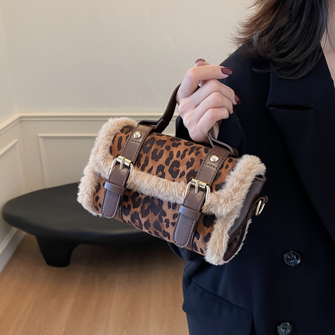 Fashion Leopard Print Crossbody Bag, Faux Leather Shoulder Messenger Handbag, Chic Solid Color with Faux Fur Trim, with Magnetic Closure and Polyester Lining, for Occasion-Ready Accessory