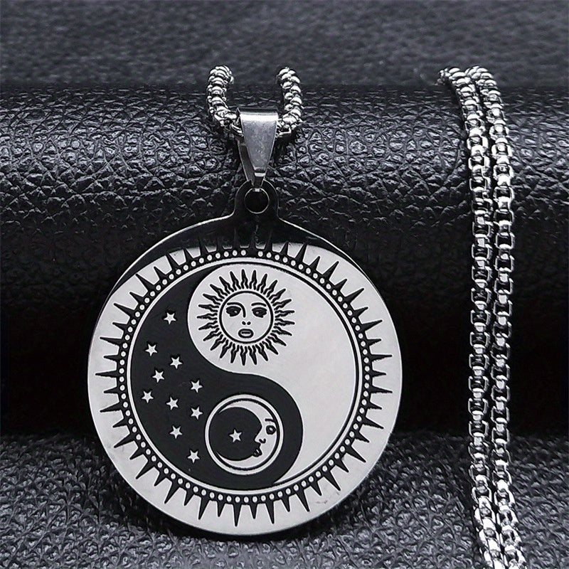 Stainless Steel Yin Yang Tai Chi Sun & Moon Pendant Necklace - Fashionable Chinese Style Amulet with Starry Night Design, Durable 316L Stainless Steel Chain, Sun And Moon Jewelry