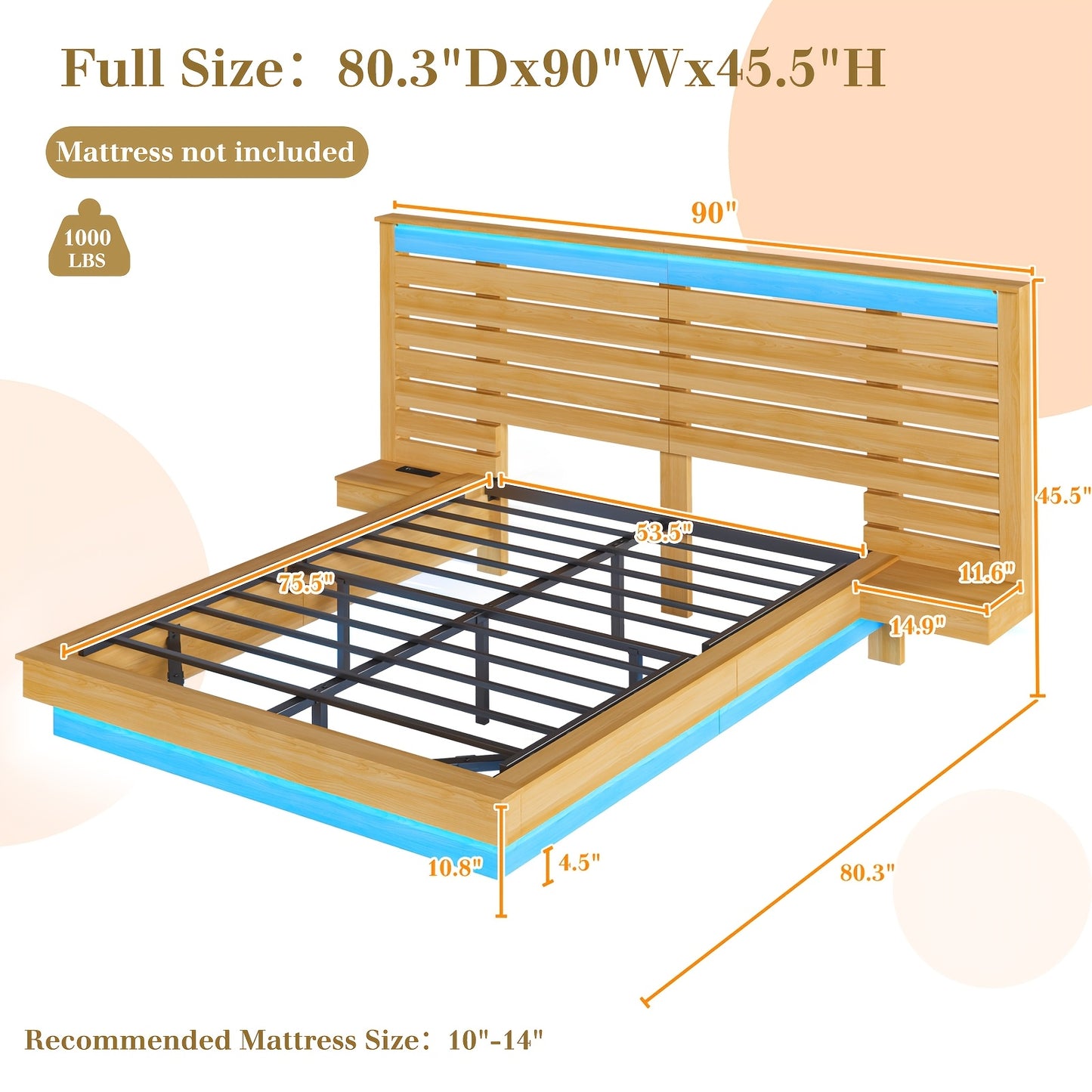 1pc LUXOAK Farmhouse Full-Size Floating Platform Bed Frame with LED Lights & Charging Station, Silent Operation, No Box Spring Needed, Includes Nightstands & Headboard