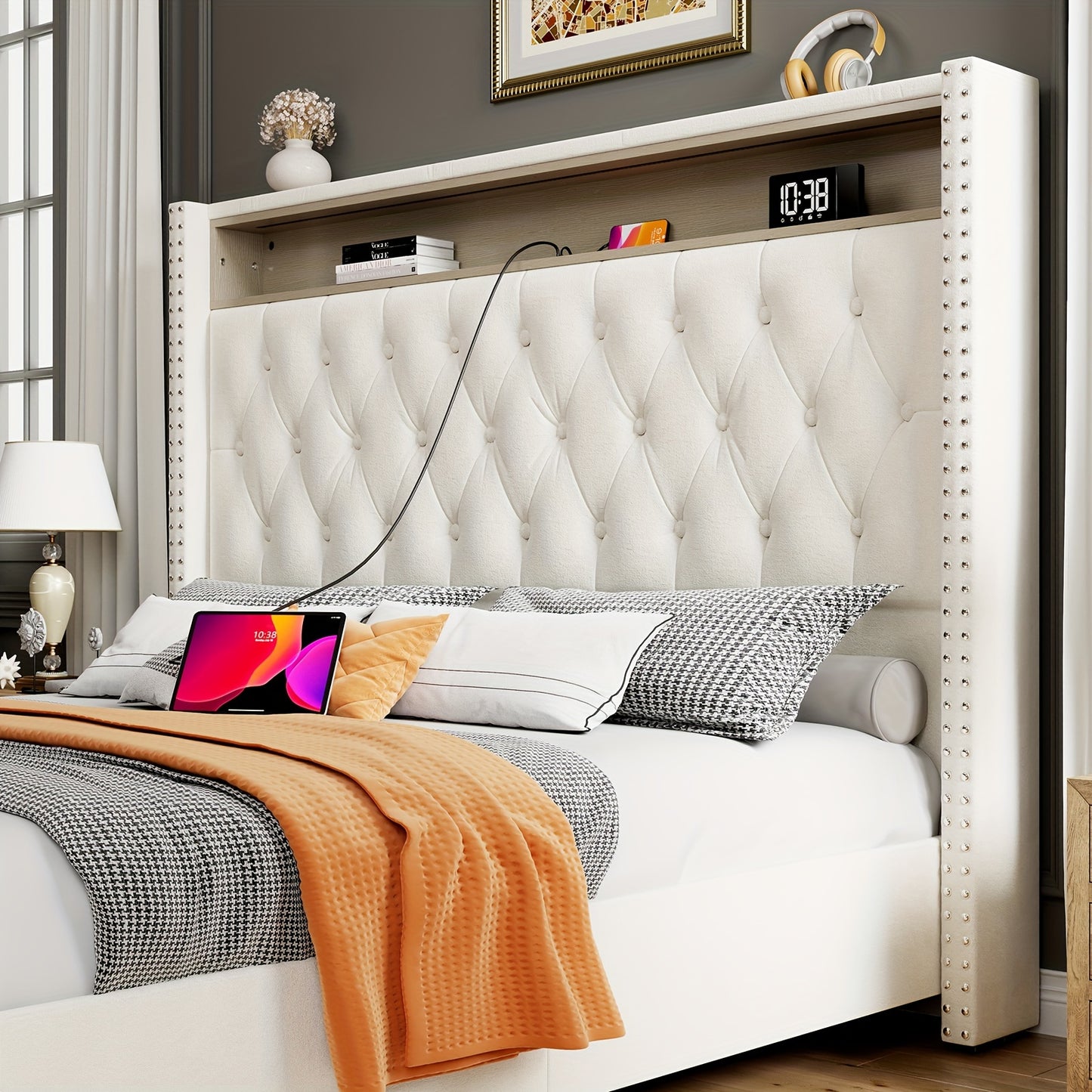 LUXOAK Queen Bed Frame Boasting LED Charging Station And Motion-Responsive Night Lights, Velvet-Covered Tall Platform Base With Wingback-Style Headboard - Box Spring-Free Assembly