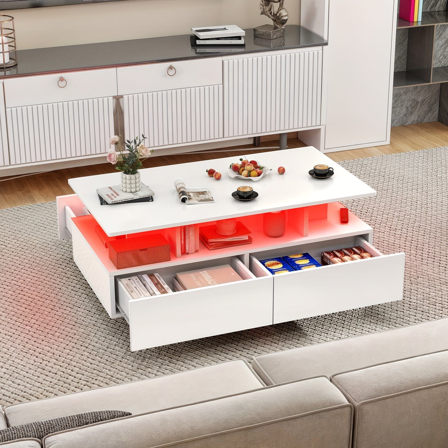 Xelsyo Modern LED Coffee Table with RGB Light System, 20 Colors & 4 Modes, High Gloss Finish, Double-Layer Storage & 4 Drawers, Suitable for Office, Living Room, 21.7"D X 35.4"W X 16.2"H