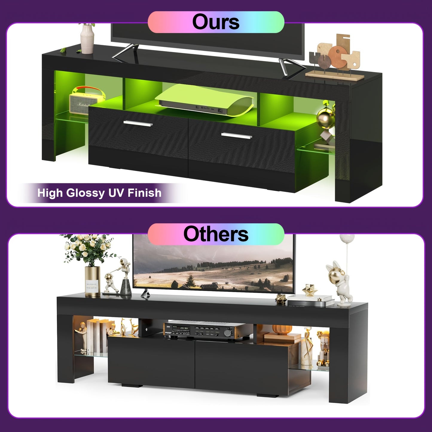 Modern LED 63 inch Long TV Stand for 65 70 75 Inch TV, Black and White Gaming Entertainment Center with Large Drawers and Light, Luxury High Glossy Television Table Center Media Console with Storage and Glass Shelves for Bedr