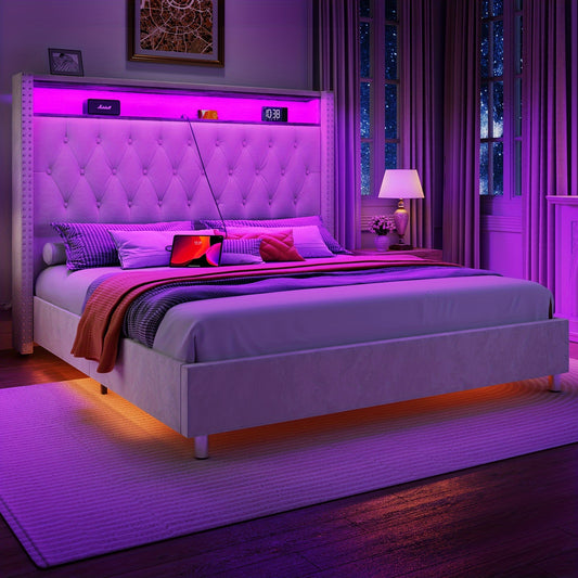 LUXOAK Queen Bed Frame Boasting LED Charging Station And Motion-Responsive Night Lights, Velvet-Covered Tall Platform Base With Wingback-Style Headboard - Box Spring-Free Assembly