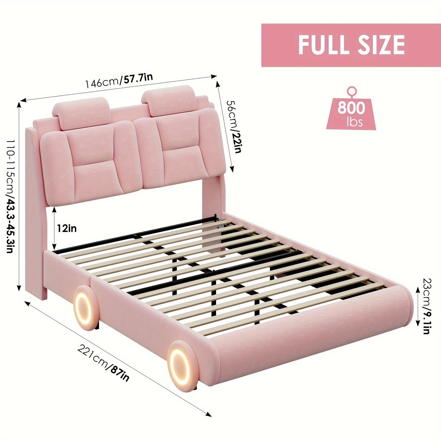 Upholstered Led Bed Frame With Wheels Decor & Adjustable Curved Headboard Modern Platform Bed With Detachable Pillows, Solid Wooden Slats Support