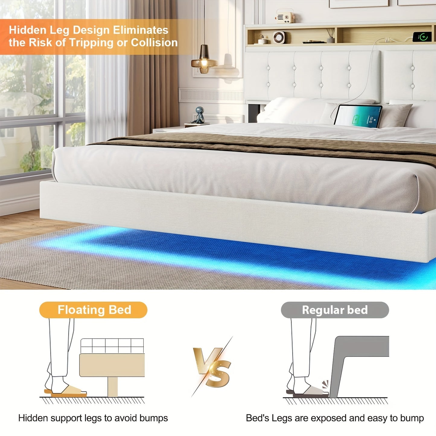 Queen/King Floating Bed Frame With LED Lights&USB Ports, Linen Queen/King Floating Platform Bed With Storage Headboard, No Box Spring Needed, Beige