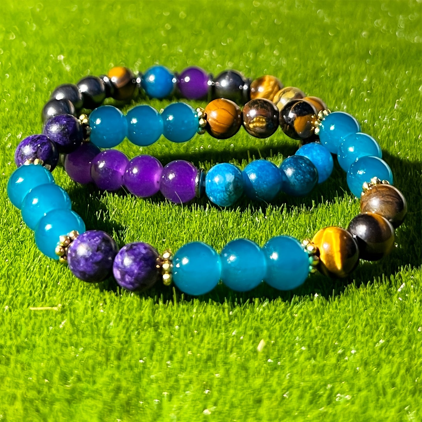 1pc Good Luck Gemstone Bracelet - Fortune Blessings Elastic Beaded Bracelet with Tiger'S Eye, Amethyst, and Turquoise Stones for Women