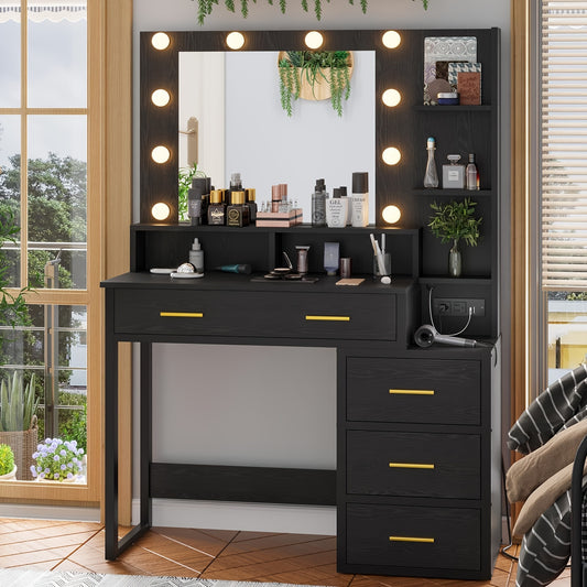 Makeup Vanity With Lights, Black Vanity Desk With Mirror & 3 Lighting Modes, Vanity Table With USB Ports And Outlets, Makeup Table With Nightstand & Storage Shelves & Drawers (Modern Black)