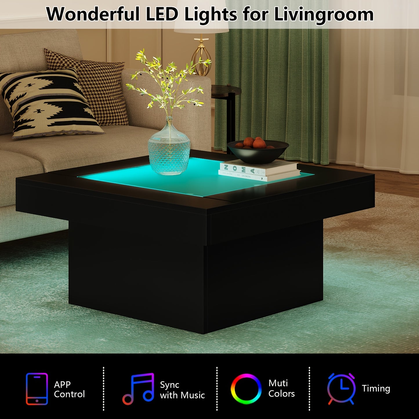 Modern 35.4" Square Coffee Table with LED Lights - Large Black Centerpiece, Tempered Glass Top & Engineered Wood Frame for Living Room or Home Office