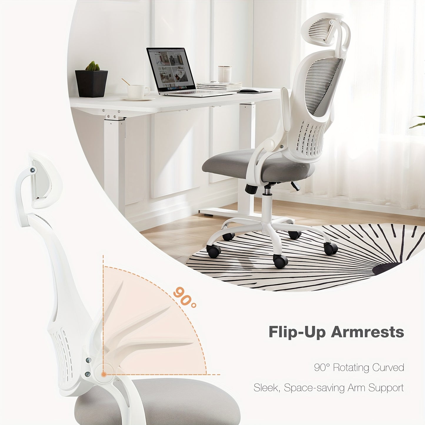 Home Office Desk Chair, Ergonomic High-Back Mesh Rolling Work Computer Chairs with Wheels and Adjustable Headrests, Comfortable Lumbar Support, Comfy Flip-up Arms for Bedroom, Study