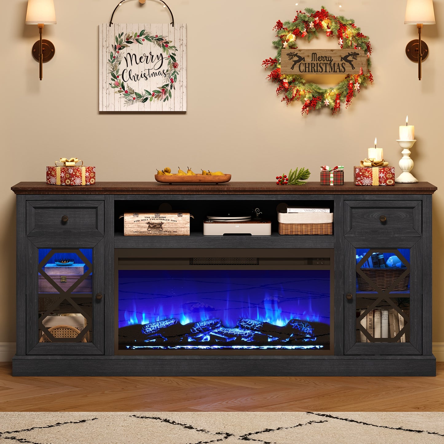 Rustic Farmhouse 70" TV Stand with 37" Electric Fireplace - LED Media Center for Up to 80" TVs, USB Powered, Hardwood Construction, Entertainment Center