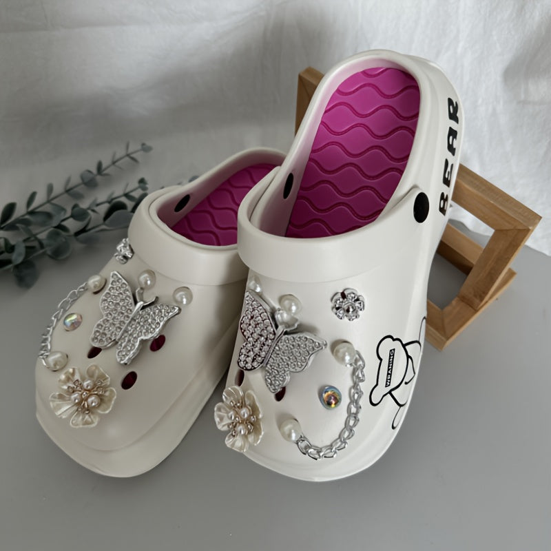 Casual Cartoon Bear Pattern Mules & Clogs for Women, Breathable EVA Platform Heel Clogs with Bow Embellishment, Versatile Indoor/Outdoor Fashion Footwear - Quanzhou Manufactured