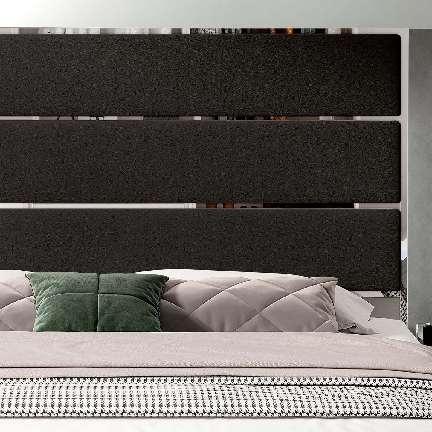 A Velvet Upholstered Platform Bed Frame comes with a 59" Tall Headboard and Footboard, emphasized by Silver Mirrored Plating - and a Box Spring is not necessary