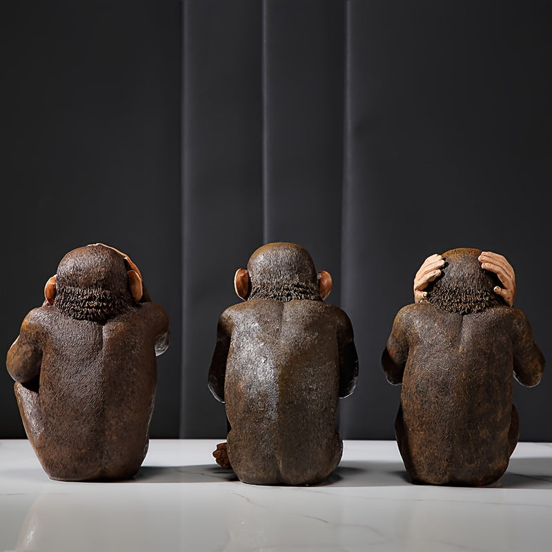 Set of Three Realistic Chimpanzee Figurines: Indoor/Outdoor Decorative Statues Made of Resin