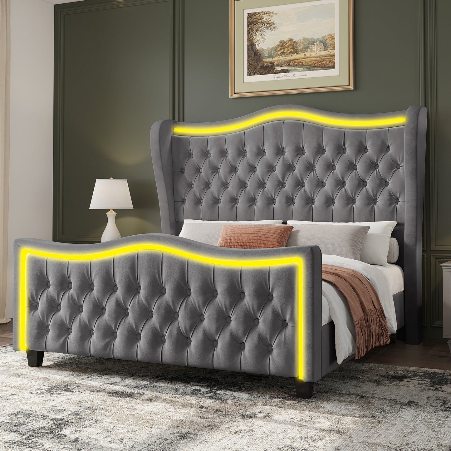 Exquisite Albott Platform Bed Frame with Integrated LED Lighting, 53-Inch Upholstered Wingback Design Accentuated by a Finely Crafted Deep Button-Tufted Headboard and Footboard - Comparable to Amazon's Finest