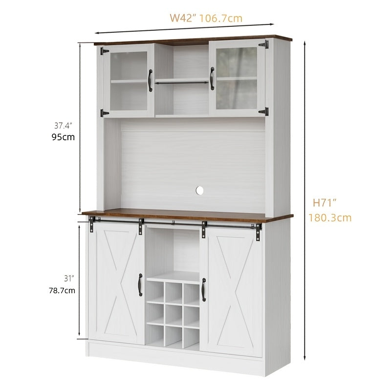 72" Farmhouse Coffee Bar Cabinet With 2 Glass Doors & 9 Wine Racks, Tall Hutch Cabinet With Storage, Wine Bar Cabinet With 4 Row Metal Glass Holder, Display Stands, Risers White