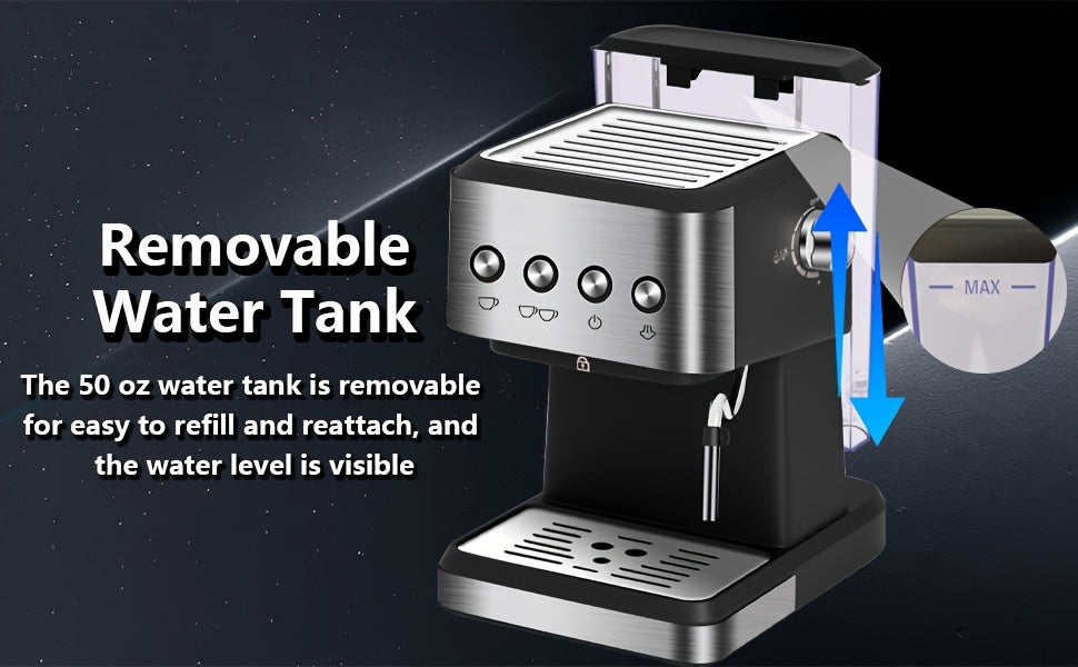 20 Bar Espresso Machine, Stainless Steel Espresso Coffee Machine For Cappuccino, Latte, Automatic Espresso Machine With 1.5L Removable Water Tank, Powerful Steam Wand, Built-In Milk Frother, One-Touch Single Or Double Shot