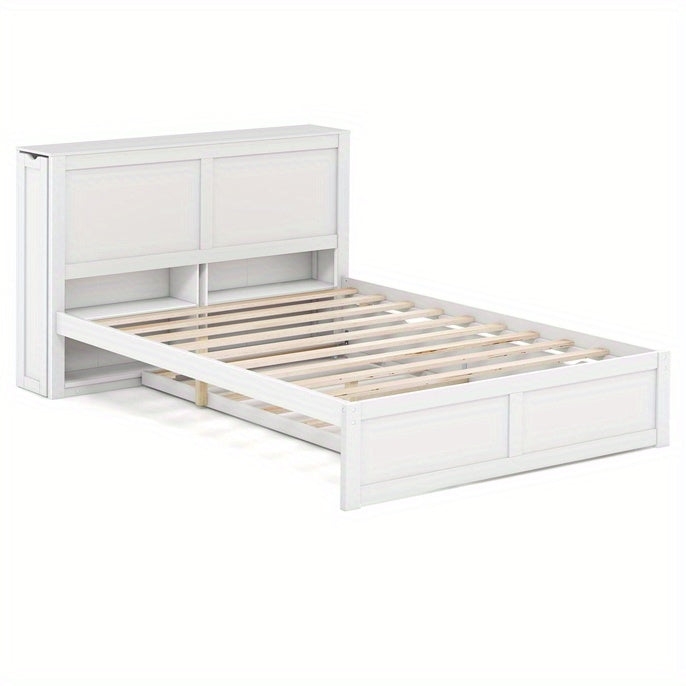 SAFSTAR Twin/Full Platform Bed with Trundle, Wooden Bed Frame with 2 Rolling Bookcases & High Headboard, Storage Platform Bed for Girls Boys, No Box Spring Needed, White