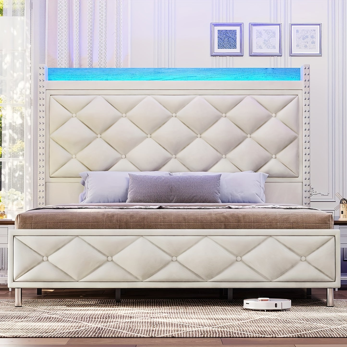 King/Queen Size Bed Fame With Tall Headboard And Charging Station, LED Platform Bed Frame With LED Lights Button Tufted Storage Headboard, No Box Spring Needed, White