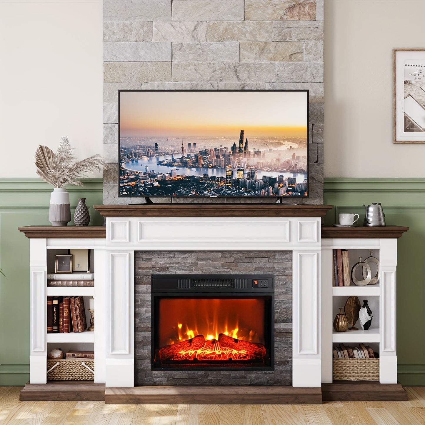 72" Electric Fireplace With Mantel, Fireplace TV Stand For TVs Up To 80 Inch, 1400W, Freestanding, Remote Control, Timer, Realistic Log And Flame Effect, Adjustable Temperature & Brightness For Home Bedroom Living Room Indoor