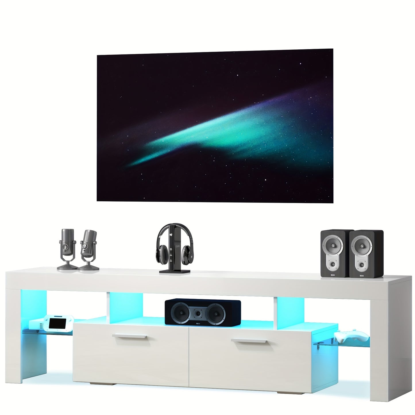 Modern LED 63 inch Long TV Stand for 65 70 75 Inch TV, Black and White Gaming Entertainment Center with Large Drawers and Light, Luxury High Glossy Television Table Center Media Console with Storage and Glass Shelves for Bedr