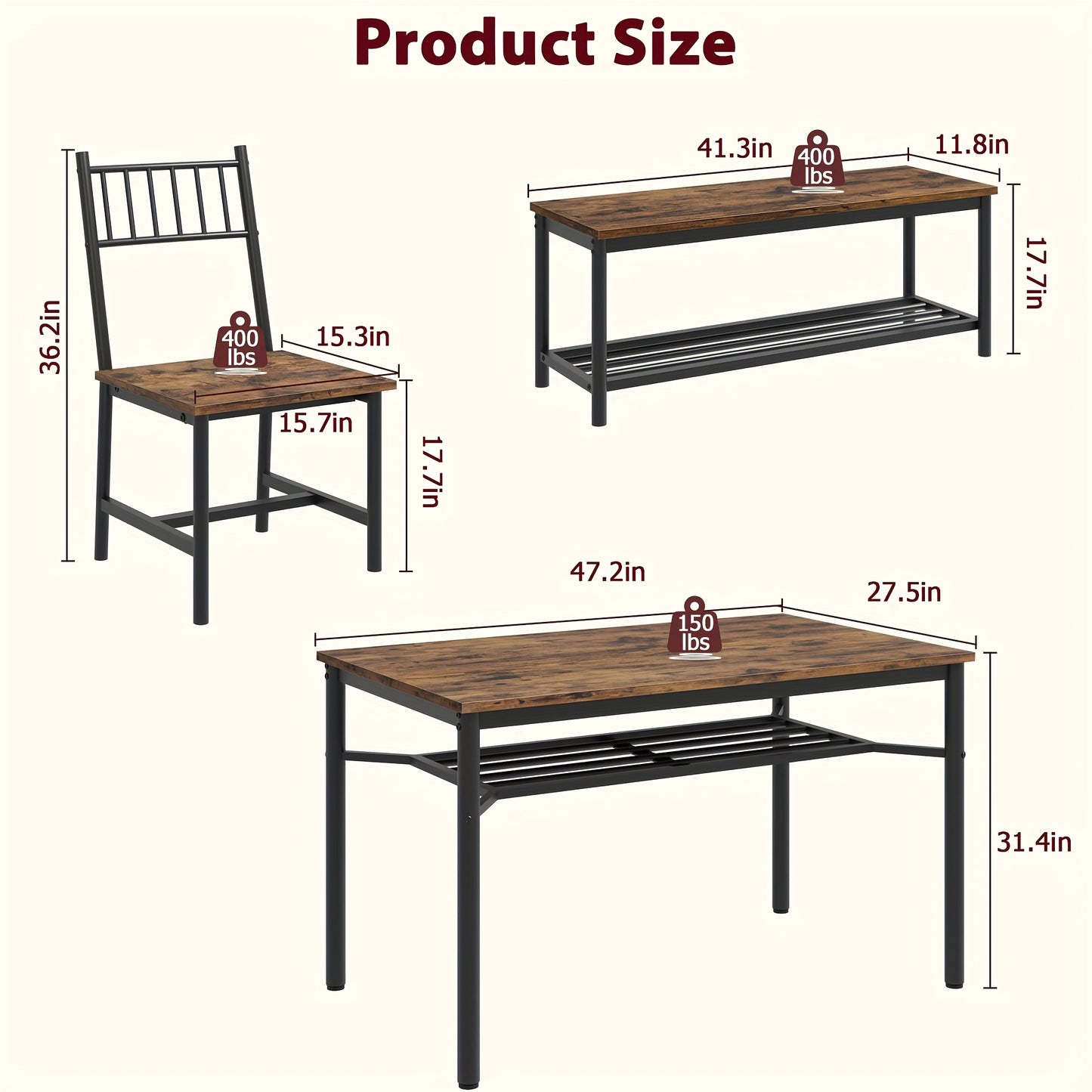 Dining Table Set For 4, Kitchen Table And Chairs For 4 With Storage Bench, Rectangular Kitchen Table Set With Wine Rack, Dining Room Table Set For Small Space, Apartment, Retro Brown