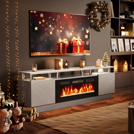 70" Fireplace TV Stand with 36" Electric Fireplace, 2-Tier LED Entertainment Center for TVs Up to 80", Ideal for Living Room,, Grey