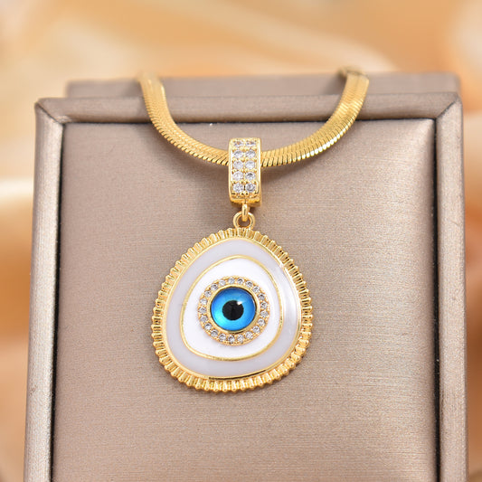 1pc Chic Golden-Tone Blue Evil Eye Pendant Necklace with Sparkling Cubic Zirconia Halo - Titanium Steel, Versatile for Daily & Party Wear, Cute Necklace