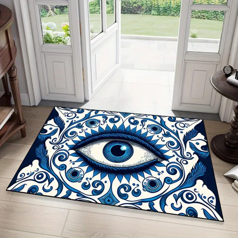 1pc Celestial Guardian Evil Eye Doormat - Greek Amulet & Kabbala-Inspired, Handwashable Non-Woven & Rubber Entrance Mat, Blue & White, Perfect Housewarming Gift for New Home Decor