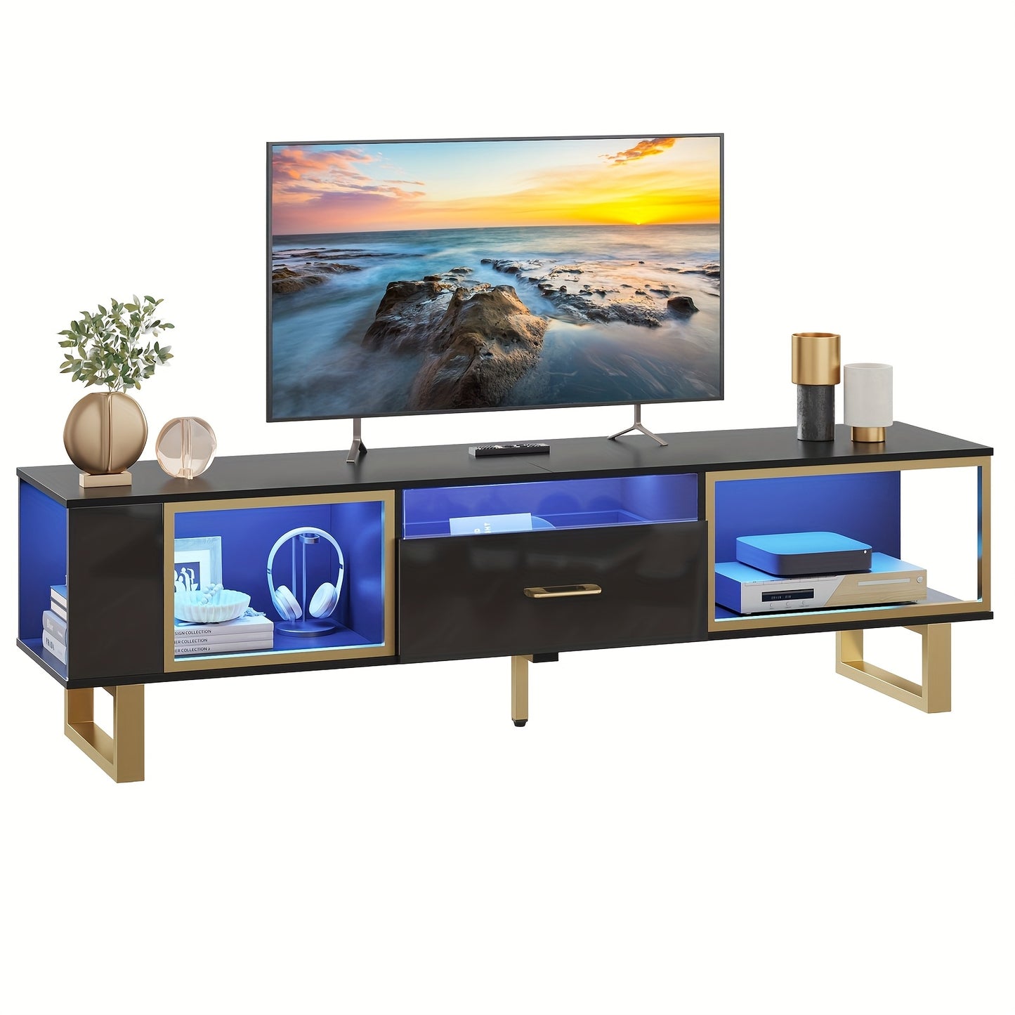 70 Inch TV Stand with LED Lights for Up to 80 Inch TV, High Gloss Entertainment Center with Open Storage And Half-Glass Design Drawer, Modern TV Console Table for Living Room, Sturdy, Easy to Assemble