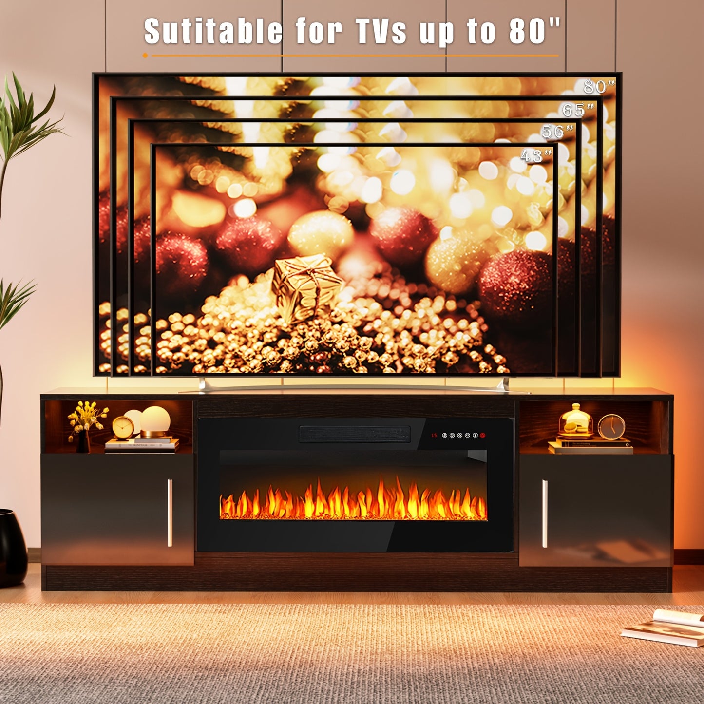 Fireplace TV Stand With 36" Electric Fireplace, LED Light Entertainment Center With Storage Cabinet For TVs Up To 80 Inch, Media TV Console With Modern Wood Texture, 70 Inch