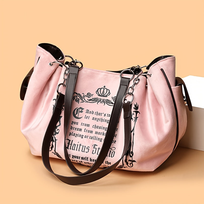 Vintage Gothic Letter Print Velvet Chain Shoulder Bag, Fashionable Soft Suede Large Capacity Messenger Tote, European Pattern, Honey Girl Style Canvas Lining, with Detachable Strap, Magnetic Closure, for Guangzhou