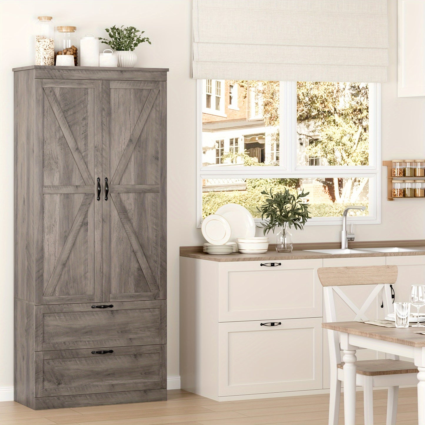 FULTRU Farmhouse Kitchen Pantry Storage Cabinet, 70" Tall Storage Cabinet With Drawers And Adjustable Shelf